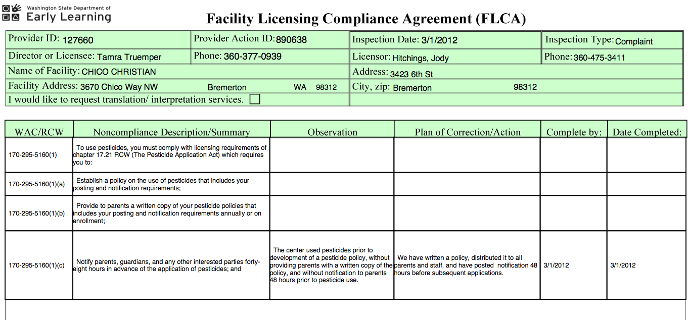 Chico Child Care Center DEL Licensing Compliance Agreement